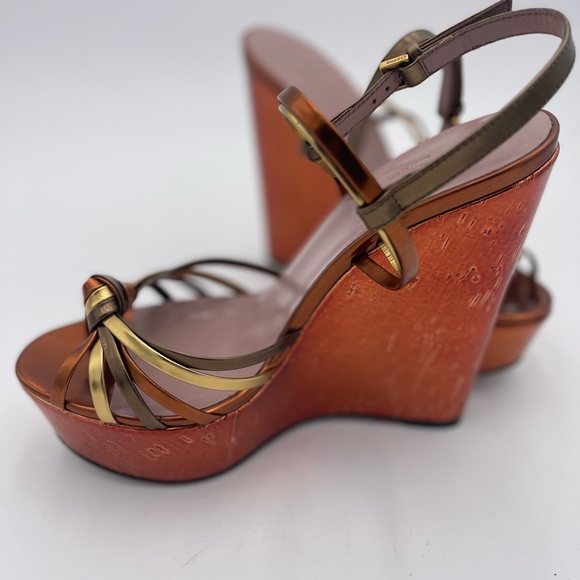 Gucci Metallic Gold & Bronze Strappy Wedge Sandals - Picture 6 of 9